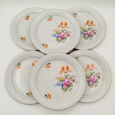 купить Набор из шести десертных тарелок с цветочным декором (в коробке), фарфор, деколь, золочение, Kahla, ГДР, 1960-1990 гг.