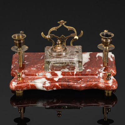 купить Прибор письменный настольный (2 подсвечника, чернильница и подставка), мрамор, латунь, стекло, СССР, 1970-1990 гг.