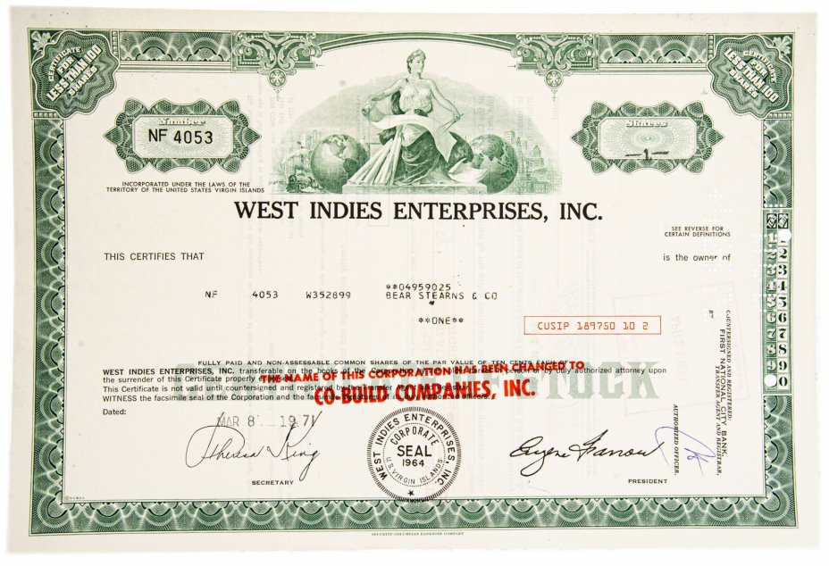 купить Акция США WEST INDIES  ENTERPRISES, INC. , 1971 г.