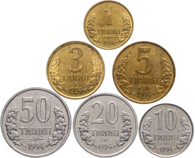 купить Узбекистан набор из 6 монет 1, 3, 5, 10, 20, 50 тийин 1994
