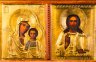 Купить Пара венчальная (иконы "Богоматерь Казанская" и "Господь Вседержитель") в киоте с орнаментом по периметру, дерево, масло, латунь, стекло, Российская империя, 1870-1915 гг.