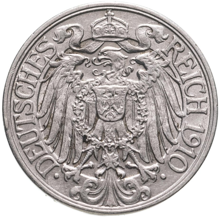 Монета Германия 25 пфеннигов (pfennig) 1910 A стоимостью 1418 руб.