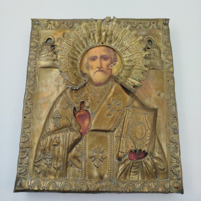 купить Икона в окладе "Святой Николай Чудотворец", дерево, печать, латунь, Российская империя, 1870-1915 гг.