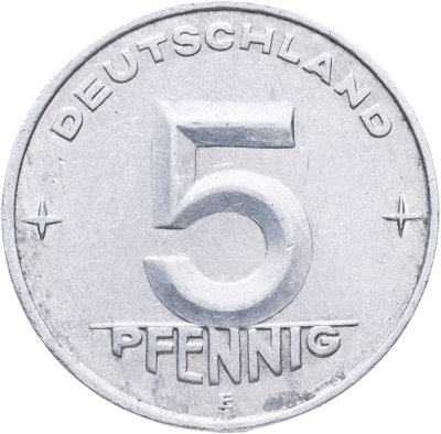 купить Германия (ГДР) 5 пфеннигов 1952 E, знак монетного двора: "E" - Мульденхюттен