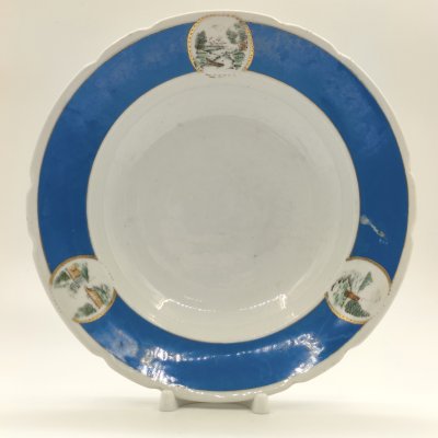 купить Тарелка суповая из сервиза «Озерный», фарфор, крытье, деколь, золочение, Фарфоровый завод «Пролетарий» (Бронница, Мста), СССР, 1930-1945 гг.