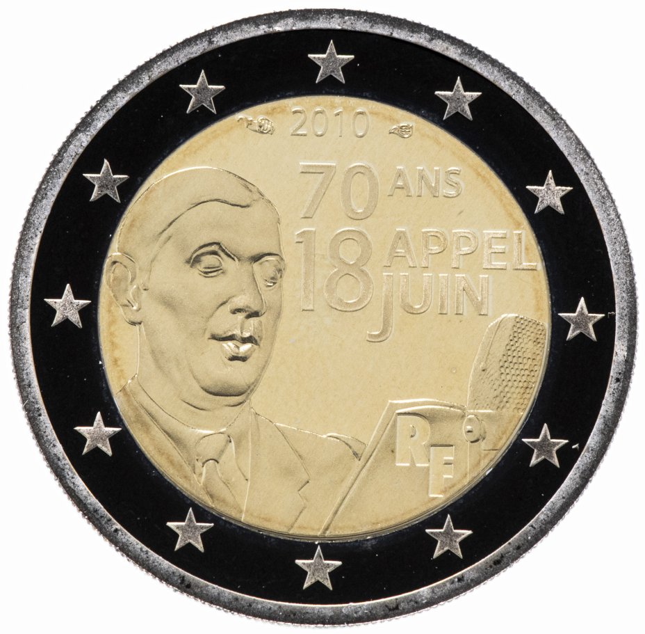 купить Франция 2010 2 евро пруф "70 лет воззванию Шарля де Голля "Ко всем французам" 18 июня 1940 года", в футляре с сертификатом