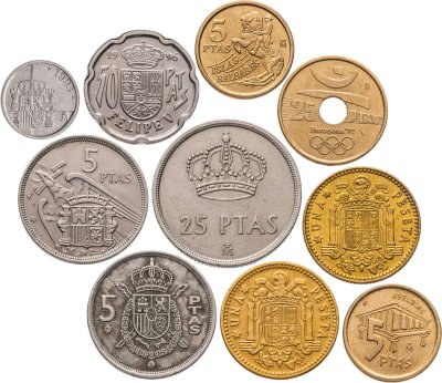 купить Испания набор из 10 монет 1, 5, 25, 50 песет 1957-1997