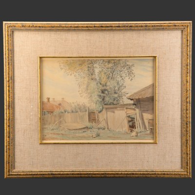купить Графика "Деревенский дворик" в раме с паспарту, бумага, акварель, Россия, 1925 г.