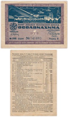 купить Лотерейный Билет Восьмой Всесоюзной Лотереи ОСОАВИАХИМА 1 рубль 1933 (разряд 6)