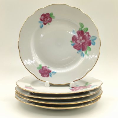 купить Набор из 5-ти десертных тарелок с цветочным декором, фарфор, деколь, золочение, Дулевский фарфоровый завод (Дулёво), СССР, 1968-1991 гг.