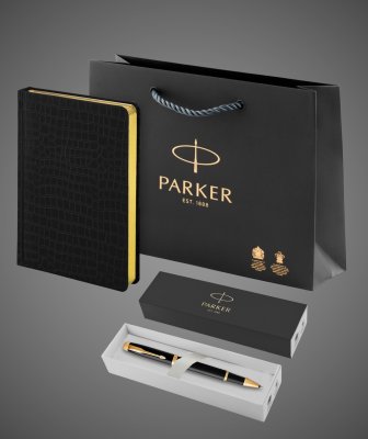 купить Подарочный набор Parker: ручка-роллер Parker IM Metal Black GTи ежедневник черного цвета с имитацией под кожу рептилии, Лаки и смолы: лак, латунь, нержавеющая сталь, позолота, 2026 г.