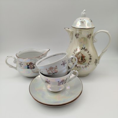 купить Набор кофейный "Мадонна" в подборе (2 кофейные пары, кофейник и молочник), фарфор, деколь, люстр, золочение, Kahla, ГДР, 1960-1990 гг.