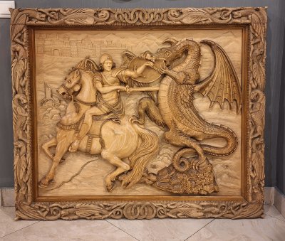 купить Панно "Борьба добра со злом", автор Буцан Константин Яковлевич (Народный мастер стран СНГ, член Евразийского Художественного Союза), дерево, (липа), резьба, Молдавия, 2010-2020 гг.