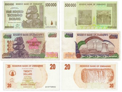 купить Зимбабве набор из 3 банкнот 20, 500, 500000 долларов 2001-2008