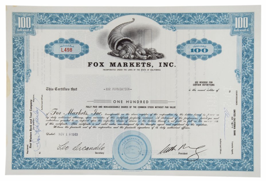 купить Акция США FOX MARKETS, INC.,  1963 г.