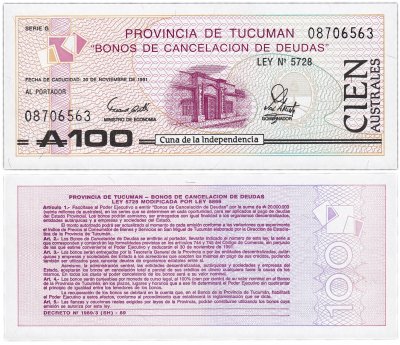 купить Аргентина 100 аустрал 1988 (Provincia de Tucuman)