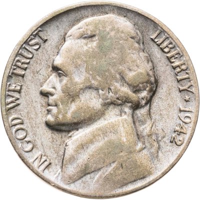 купить США 5 центов (cents) 1942 P Jefferson Nickel (Джефферсон) военного времени, серебро, знак монетного двора "P" - Филадельфия