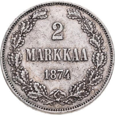 купить 2 марки (markkaa) 1874 S, монета для Финляндии