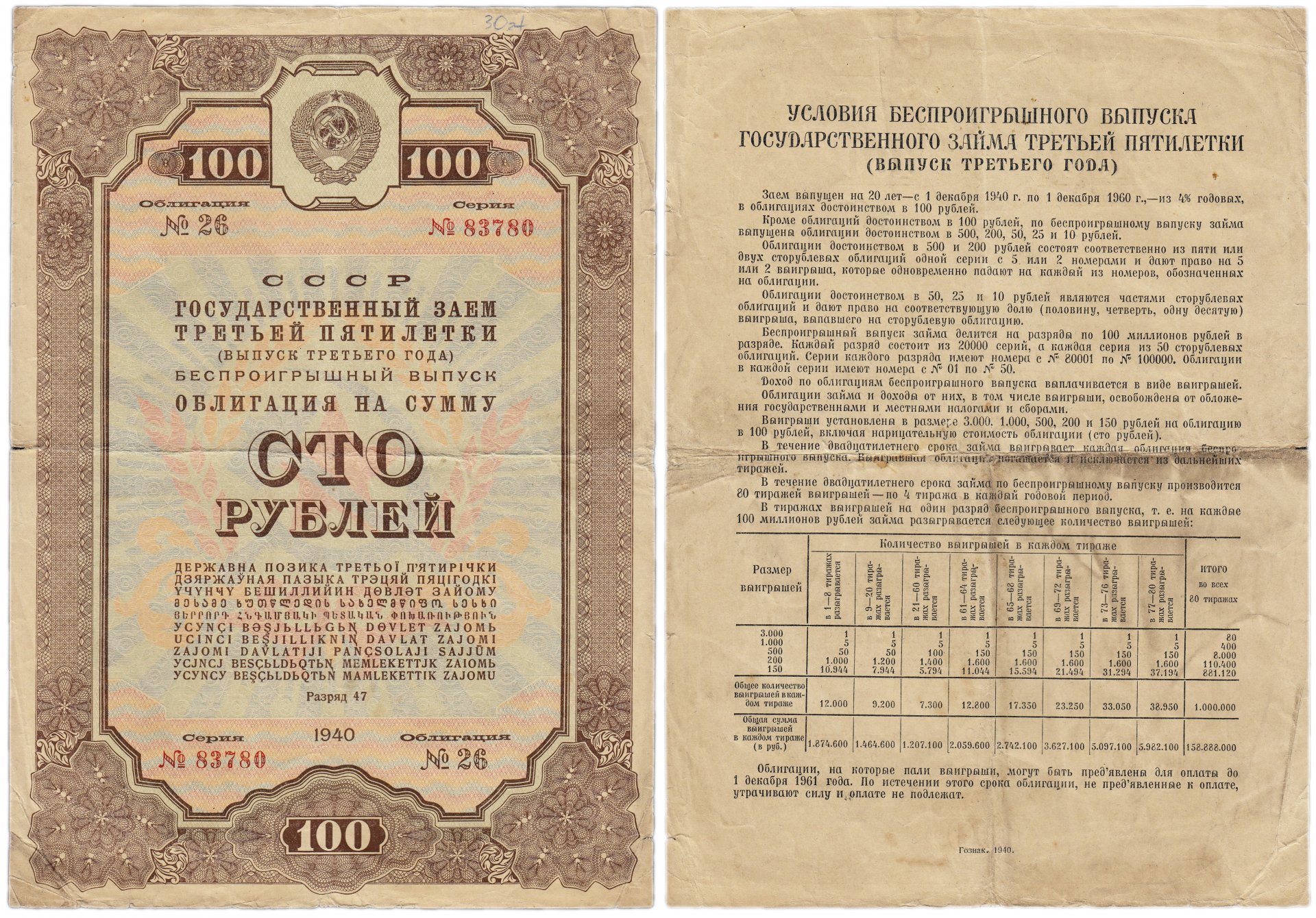  Банкнота облигация 100 рублей 1940 Государственный Займ Третьей Пятилетки (выпуск третьего года) стоимостью 1231 руб.
