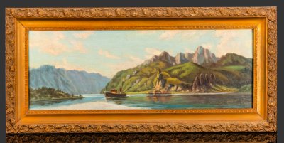 купить Картина в раме "Горное озеро", неизвестный художник, холст, масло, дерево, гипс, бронзирование, СССР, 1950-1970 гг.