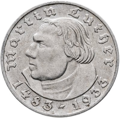 купить Германия (Третий рейх) 2 рейхсмарки (reichsmark) 1933 А "450 лет со дня рождения Мартина Лютера"