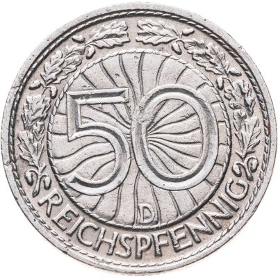 купить Германия 50 рейхспфеннигов (reichspfennig) 1927 знак монетного двора "D" — Мюнхен