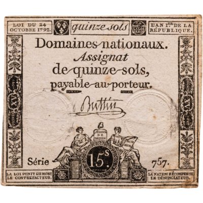 купить Франция, ассигнат 15 солей 1792