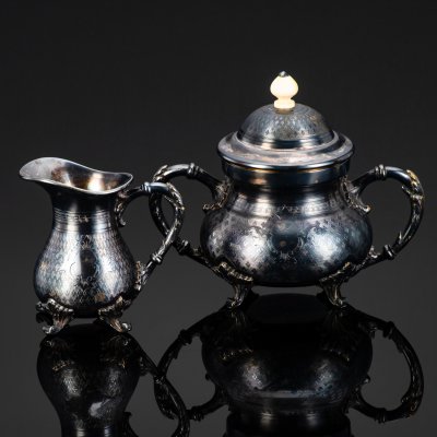 купить Набор чайно-кофейный (сахарница и молочник), металл, серебрение, золочение, кость (хваток), Norblin & Co (Норблин), Российская империя, 1872-1882 гг.