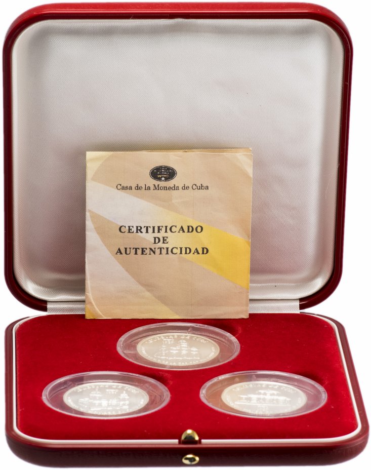 купить Куба набор из 3-х монет 5 песо 1987 "Храмы Кубы" в упаковке, с сертификатом