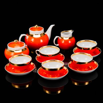 купить Сервиз чайный на 5 персон, яркого оранжевого цвета, форма "Рубин" (14 предметов), фарфор, крытье, золочение, Дулевский фарфоровый завод (Дулёво), СССР, 1968-1991 гг.