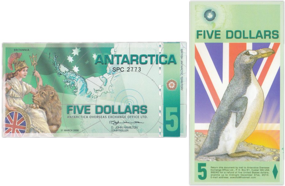 купить Сувенирная банкнота Антарктида 5 долларов 2008