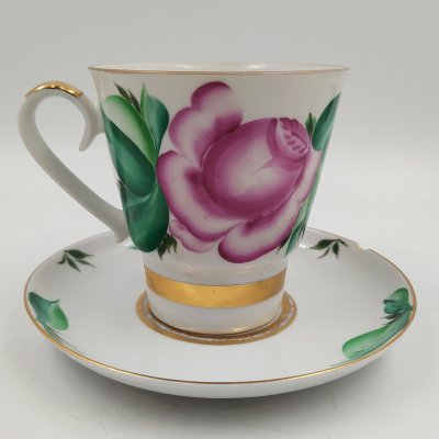 купить Пара чайная "Роза" (форма бокала "Невский"), фарфор, роспись, золочение, Ленинградский фарфоровый завод (ЛФЗ), СССР, 1970-1992 гг.