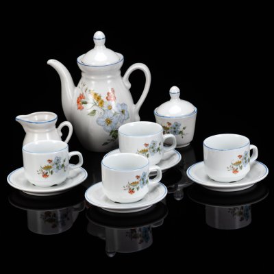 купить Сервиз чайный (детский) на 4 персоны с цветочным декором в коробке (11 предметов), фарфор, деколь, картон, Colditz (Кольдиц), ГДР, 1970-1990 гг.
