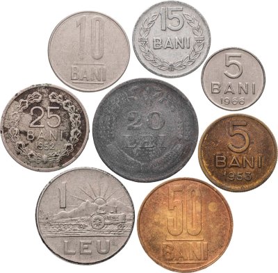 купить Румыния набор из 8 монет 5, 10, 15, 25, 50 банов (bani) и 1, 20 леев (lei) 1942-2009