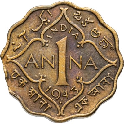 купить Индия (Британская) 1 анна (anna) 1943 • знак монетного двора: "•" - Бомбей