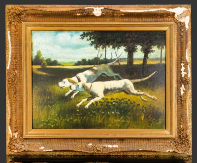 купить Картина в раме "Охота" ("Охотничьи собаки"), неизвестный художник, оргалит, масло, дерево, гипс, бронзирование, СССР, 1950-1970 гг.