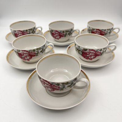 купить Набор чайных пар "Aija-1" (Айя-1) с цветочным декором на 6 персон, автор формы Зина Улсте, фарфор, деколь, золочение, Рижский фарфорово-фаянсовый завод, СССР, 1970-1980 гг.