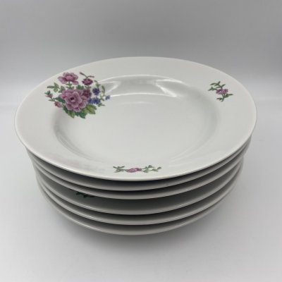 купить Набор тарелок на 3 персоны (3 обеденные и 3 суповые) с цветочным декором, фарфор, деколь, Дулевский фарфоровый завод (Дулёво), СССР, 1968-1991 гг.