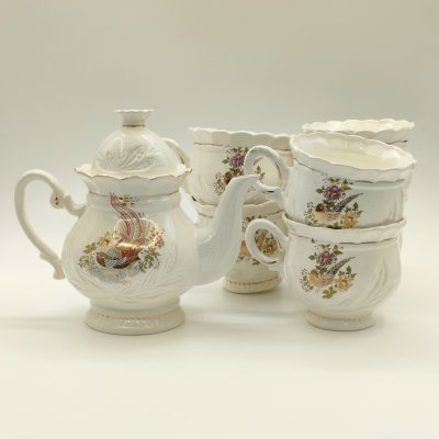 купить Набор из чайника и 6-ти чашек "Павлин", Neofitou Keramik 24k Gold, керамика, деколь, золочение, Греция, 1980-2000 гг.