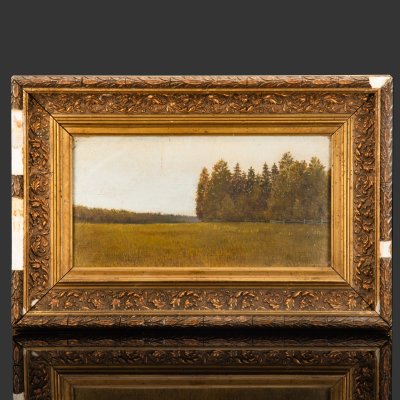 купить Картина "Пейзаж с полем и лесом", оформленная в раму с рельефным декором, неизвестный художник (инициалы неразборчивы), холст, картон, масло, дерево, Российская империя, 1900-1915 гг.