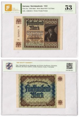 купить Германия 5000 марок 1922 в слабе TQG AU 53