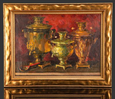 купить Картина "Натюрморт с самоварами", оформленная в раму, художник Кабанов Виктор Павлович, холст, масло, дерево, рама, Российская Федерация, 1993 г.