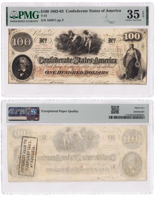 купить Конфедеративные штаты Америки 100 долларов 1862-63 в слабе PMG 35 EPQ