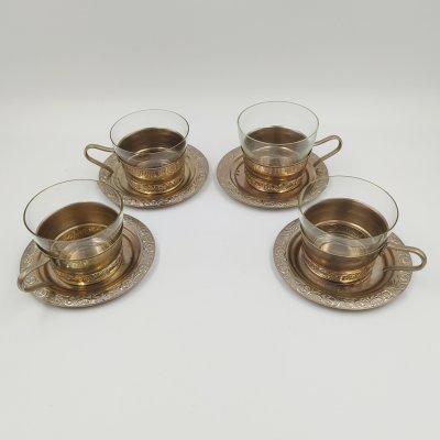 купить Набор из четырех чайно-кофейных пар (блюдца и подстаканники со стаканами), металл, стекло, СССР, 1970-1990 гг.