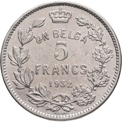 купить Бельгия 5 франков (francs) 1932 надпись на французском - "ALBERT ROI DES BELGES"