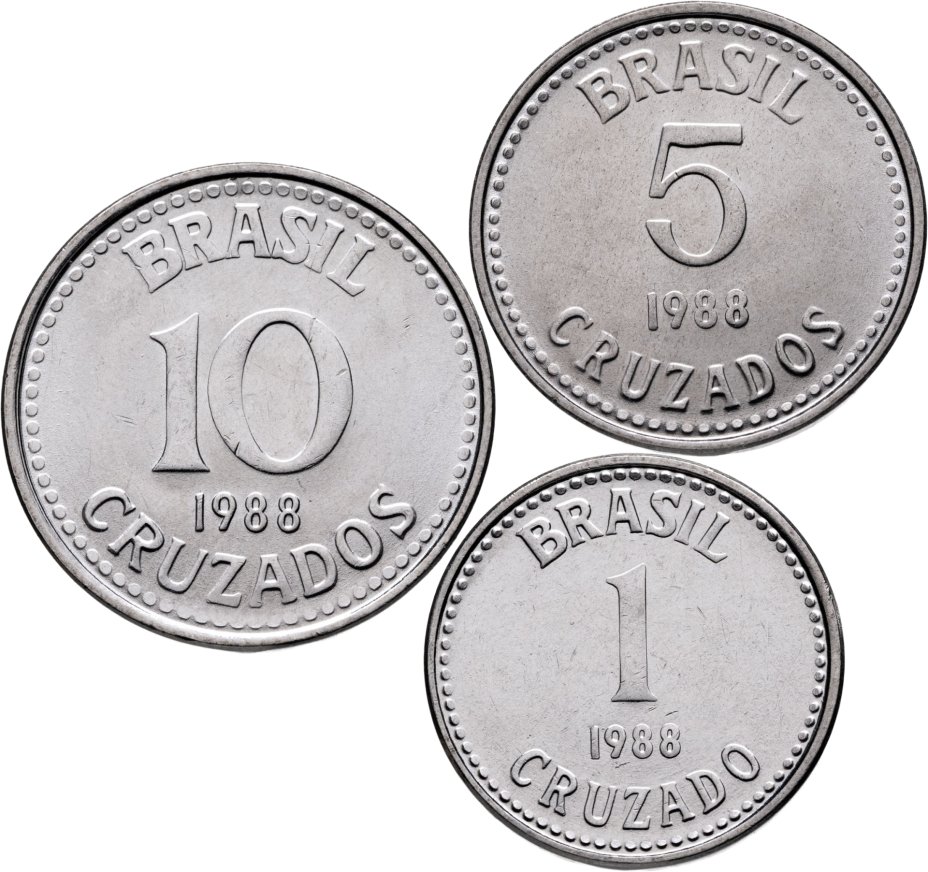 Купить Бразилия набор из 3 монет 1, 5 и 10 крузадо (cruzado) 1988