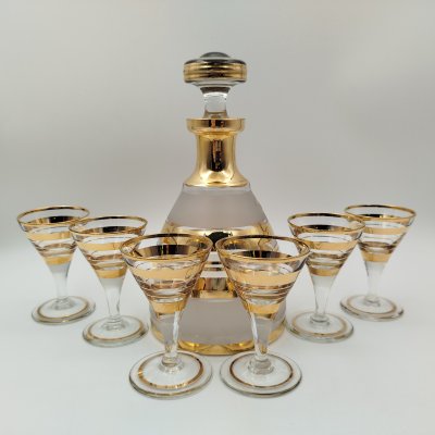 купить Набор для крепких напитков на 6 персон, состоящий из штофа и рюмок, стекло, матирование, золочение, Бельгия, 1970-1990 гг.