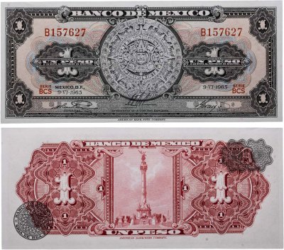 купить Мексика 1 песо 1965 год "Календарь Ацтеков. Статуя Победы, Мехико" Pick 59i