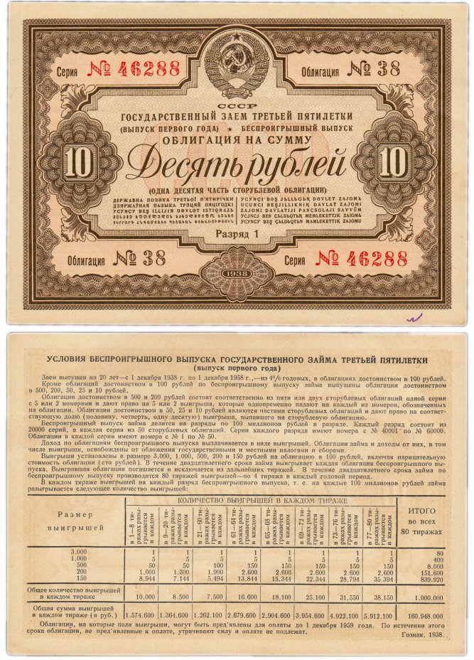 купить Облигация 10 рублей 1938 Государственный Займ Третьей Пятилетки (выпуск первого года)