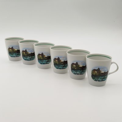 купить Набор чашек на 6 персон с изображением чешского замка "Рожмитал под Тршемшинем" (Rožmitál pod Třemšínem), фарфор, деколь, Lichte Porzellan (Лихте), Германия, 1980-1990 гг.